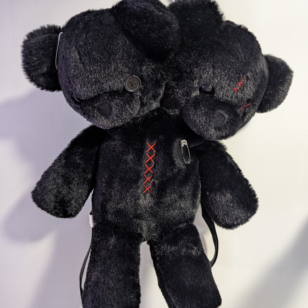 Two-Headed Black Plush Bear with Red Stitching